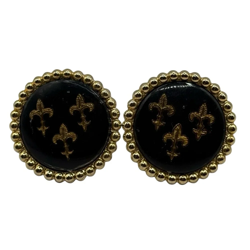 Fleur De Lis Cufflinks Vintage Black Enamel Round Ball‎ Metal Edges Gold Tone